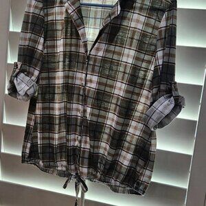 Eden & Olivia Plaid Button-Up Shirt 3/4 Roll Tab Sleeves Women's Large